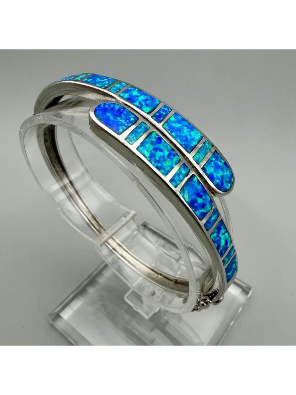 Blue Opal Inlay Bypass Hinged Cuff Bracelet Sterling Silver Signed MD 925